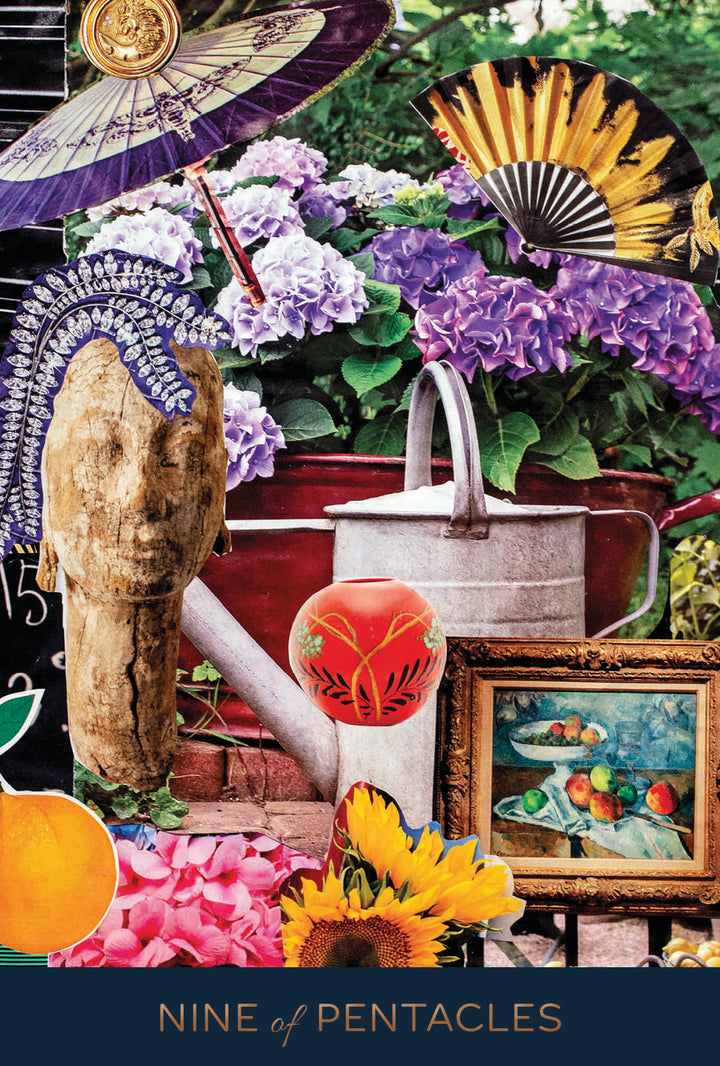A collage showcases hydrangeas, a metal watering can, colorful fans, a stone bust, sunflowers, and a framed still-life painting—reflecting the elegance of Couture Tarot by Schiffer Publishing, Ltd., with "Nine of Pentacles" at the bottom.