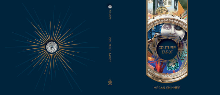 Book cover for Couture Tarot by Schiffer Publishing, Ltd. The front displays a woman's face collage with vibrant elements and gold accents; the back features a starburst with a central gem, set against dark blue, evoking fashionable tarot style.