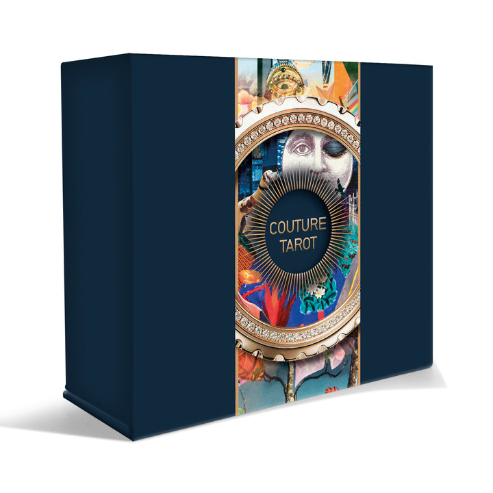 Couture Tarot by Schiffer Publishing, Ltd. comes in a dark blue box with a colorful collage and a gold circular label on the front—ideal for fans of couture tarot and unique fashion-themed tarot cards.