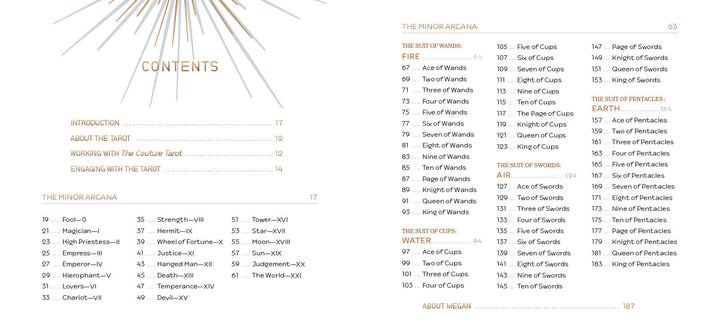 The Couture Tarot table of contents by Schiffer Publishing, Ltd. lists sections on The Minor Arcana: The Suit of Wands, Cups, Pentacles, and Swords, with corresponding fashion tarot card names and page numbers.