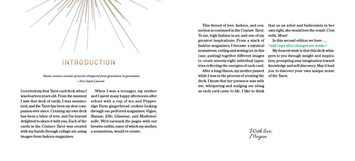 The Couture Tarot introduction spread by Schiffer Publishing, Ltd. features a sunburst illustration top left, text on fashion inspiration, memories, the author’s creative journey, and ends with a signature “With love, Megan” at the bottom right.