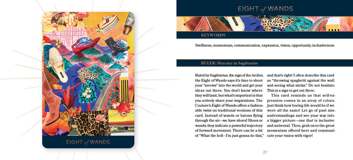 The Couture Tarot by Schiffer Publishing, Ltd. features the Eight of Wands card with a vibrant collage of shoes, purses, and objects on orange, plus keywords and insights from this unique fashion tarot deck.