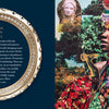 On the left, a round ornate frame features details about the Suit of Pentacles from Couture Tarot by Schiffer Publishing, Ltd. On the right, a woman in couture tarot fashion poses before a vivid collage of tarot cards, nature, and statues.