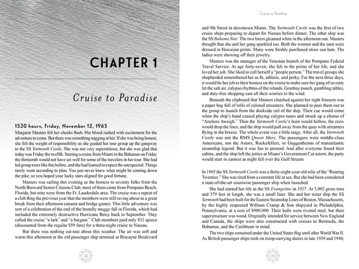 An open book, "Yarmouth Castle Burning" by Schiffer Publishing, Ltd., shows Chapter 1: Cruise to Paradise. The left page starts at 1530 hours, Friday, Nov. 12, 1965, with cruise and safety text; the right page continues the story.