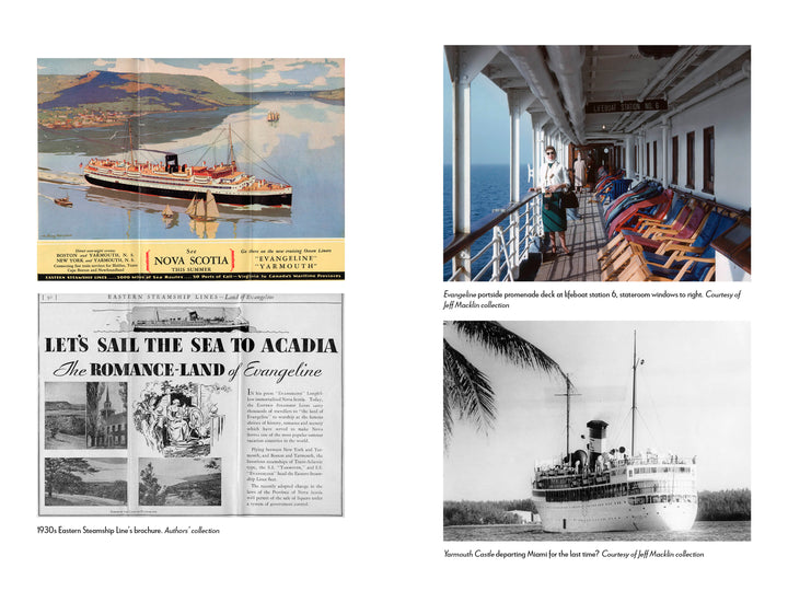 A vintage brochure and newspaper about Yarmouth Castle Burning from Schiffer Publishing, Ltd., plus two photos: one of people on the ship’s promenade deck, another of the ship departing Miami beneath a palm—highlighting cruise safety.