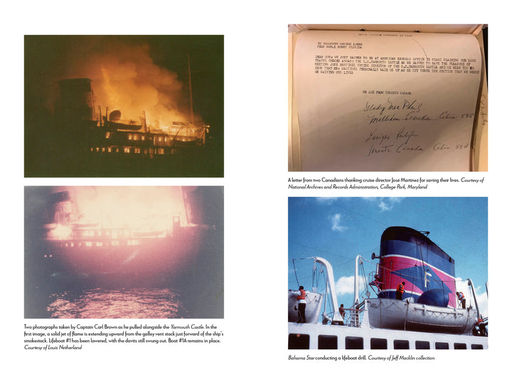 Four images from "Yarmouth Castle Burning" by Schiffer Publishing, Ltd.: a ship ablaze at night, a blurry photo of fire hoses on a passenger ship, a typewritten witness account with signatures, and a woman working on a lifeboat next to a smokestack.