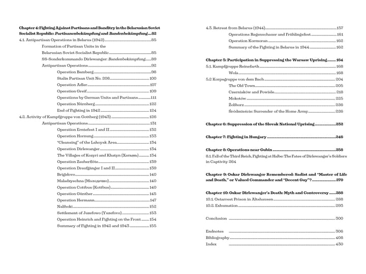A two-page table of contents for "Oskar Dirlewanger" by Schiffer Publishing, Ltd. lists chapters, subheadings, and page numbers on Belarusian/Soviet partisans, uprisings, Dirlewanger’s biography, and related historical events.
