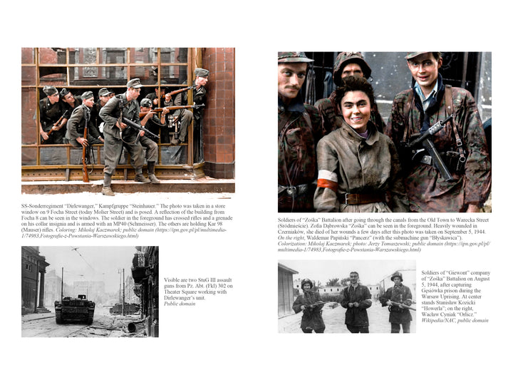 A collage from Schiffer Publishing, Ltd.’s "Oskar Dirlewanger" features four WWII photos: armed Waffen-SS soldiers in cities, a tank on a street, and groups of troops posing, each with informative captions.