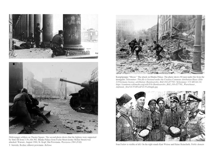 A collage of four black-and-white WWII photos from "Oskar Dirlewanger" by Schiffer Publishing, Ltd. depicts street fighting, soldiers amid rubble, a tank, and Waffen-SS troops chatting and holding bread.