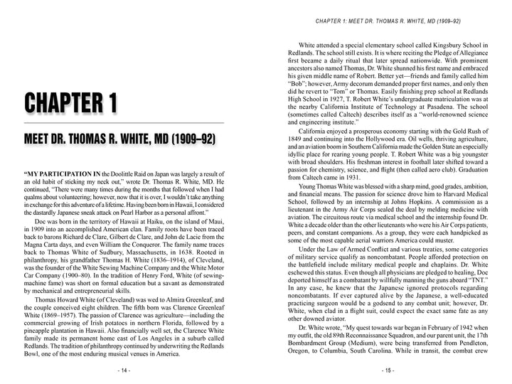 Two pages from "Doolittle Raid Doctor" by Schiffer Publishing, Ltd.: the left page begins Chapter 1, "Meet Dr. Thomas Robert White, MD (1909–92)," with his first-person WWII account; the right page continues the chapter.