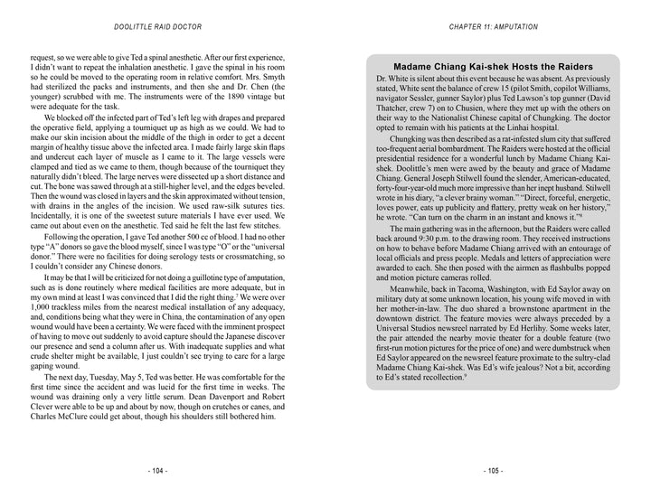 A two-page book spread from "Doolittle Raid Doctor" by Schiffer Publishing, Ltd. shows a first-person WWII account and a sidebar titled "Madame Chiang Kai-shek Hosts the Raiders," highlighting Dr. Thomas Robert White’s role in the Doolittle Raid.
