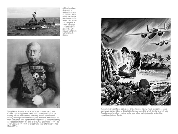 A collage features a US Navy destroyer with crew, Admiral Isoroku Yamamoto, and US bombers over palm trees—all referencing the Pacific WWII story in "Doolittle Raid Doctor" by Schiffer Publishing, Ltd.