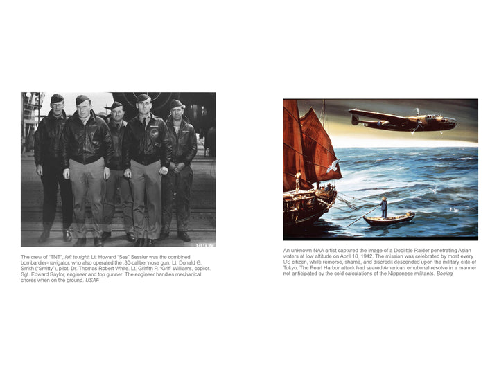 Left: Uniformed airmen stand together outdoors. Right: A plane, evocative of the Doolittle Raid, flies over a small sailboat with people inside. Product: Doolittle Raid Doctor by Schiffer Publishing, Ltd.