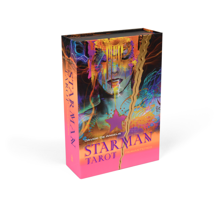 The Starman Tarot Remastered by Schiffer Publishing, Ltd. features vibrant, psychedelic cover art with a mysterious face and bold gold accents, inspired by David Bowie and designed by Davide De Angelis.