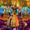 The Starman Tarot Remastered by Schiffer Publishing, Ltd. features a fantasy-inspired Queen of Wands card with a regal woman in ornate, colorful attire amid golden statues, crystals, and surreal, fiery technoshamanic scenery, her wand at her feet.