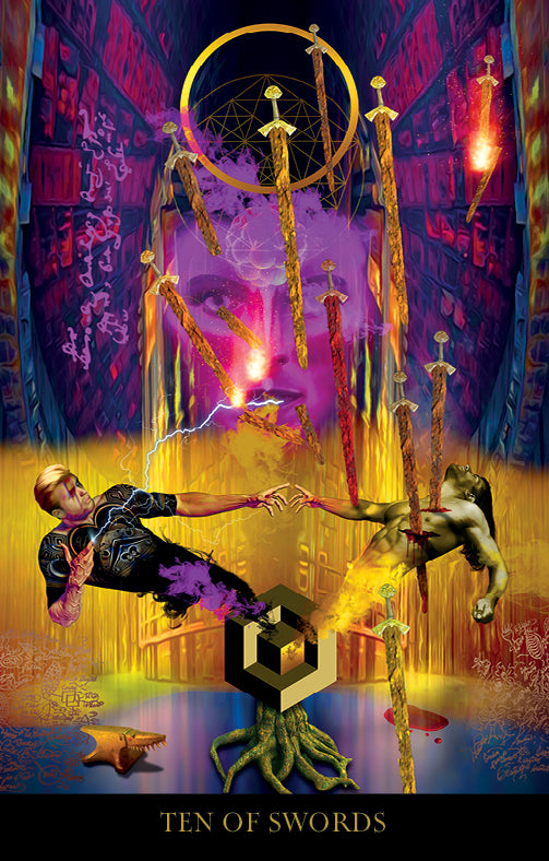 The Starman Tarot Remastered by Schiffer Publishing, Ltd. features a surreal Ten of Swords: two figures reach for each other, pierced by golden swords and purple smoke, anchored by a glowing geometric shape with roots on a mystical backdrop.