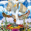 The Starman Tarot Remastered by Schiffer Publishing, Ltd. features a surreal Ace of Cups card with a radiant statue emerging from a glowing chalice, surrounded by water, a lotus, cracked earth, vines, and a ship in the background.