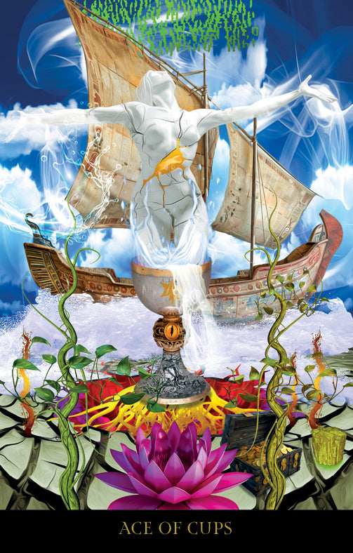 The Starman Tarot Remastered by Schiffer Publishing, Ltd. features a surreal Ace of Cups card with a radiant statue emerging from a glowing chalice, surrounded by water, a lotus, cracked earth, vines, and a ship in the background.