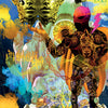 A vibrant, surreal illustration from Starman Tarot Remastered by Schiffer Publishing, Ltd., depicts the Four of Pentacles with a masked figure in ornate armor, golden coins and pentacles, large gold faces, and swirling abstract backgrounds.