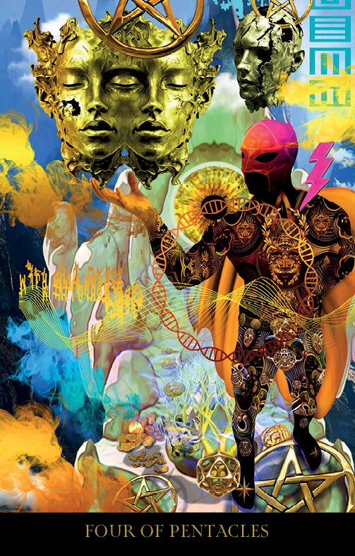 A vibrant, surreal illustration from Starman Tarot Remastered by Schiffer Publishing, Ltd., depicts the Four of Pentacles with a masked figure in ornate armor, golden coins and pentacles, large gold faces, and swirling abstract backgrounds.