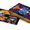 The Starman Tarot Remastered by Schiffer Publishing, Ltd. features vibrant, mystical artwork—one card shows a colorful figure against a fiery backdrop, with stacked cards displaying ornate, cosmic-themed backs.