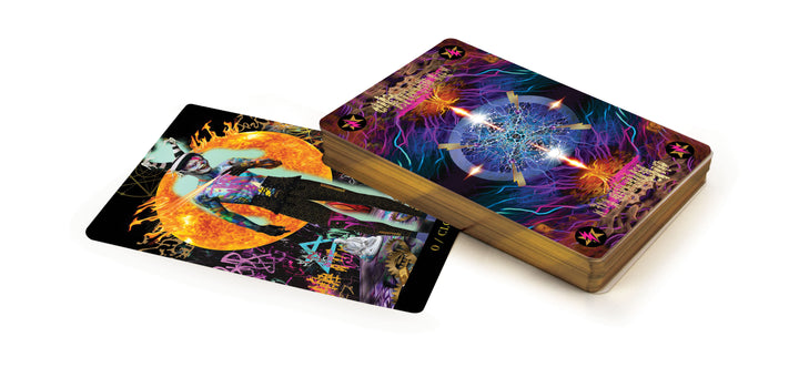 The Starman Tarot Remastered by Schiffer Publishing, Ltd. features vibrant, mystical artwork—one card shows a colorful figure against a fiery backdrop, with stacked cards displaying ornate, cosmic-themed backs.
