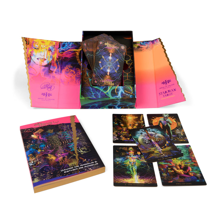 The image features the Starman Tarot Remastered by Schiffer Publishing, Ltd.—an open vibrant box, detailed colorful cards, and a guidebook—all displayed on a white background.