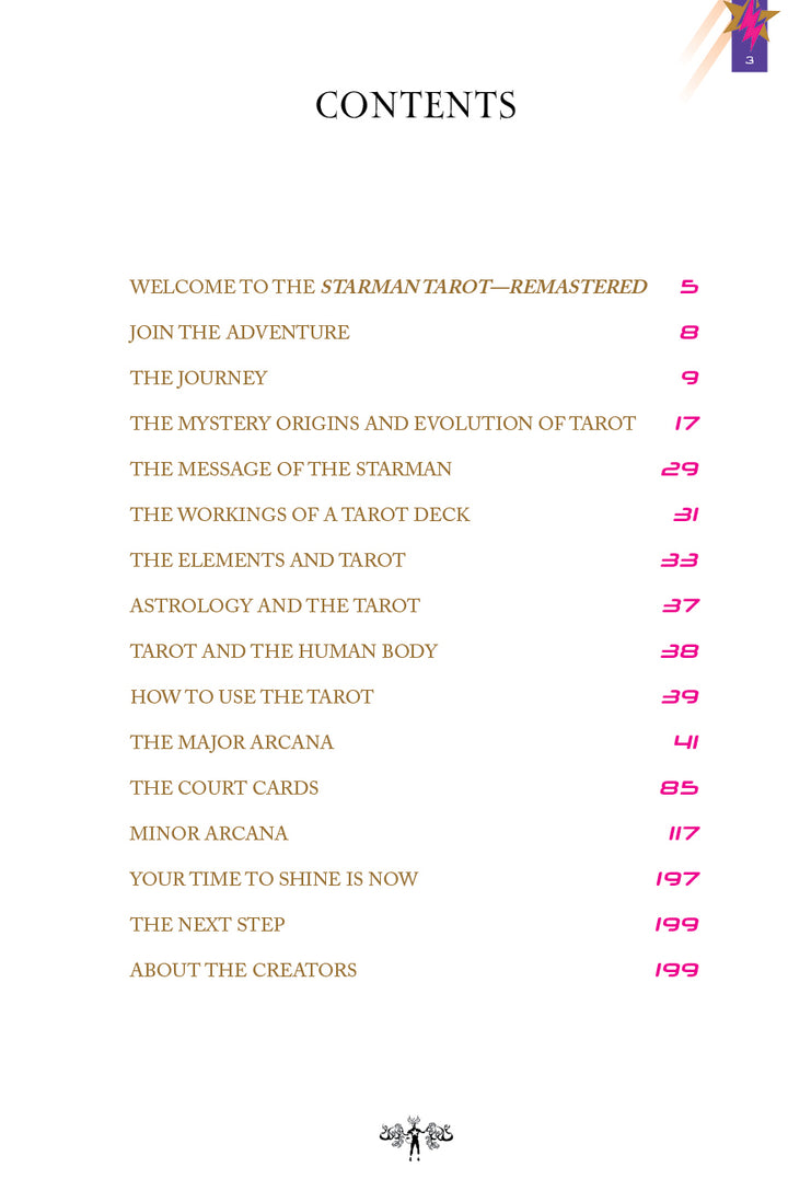 Table of contents for Starman Tarot Remastered by Schiffer Publishing, Ltd. Lists chapters with pink titles and page numbers on tarot origins, elements, astrology, card meanings, technoshamanic Bowie-inspired deck, and creator insights.