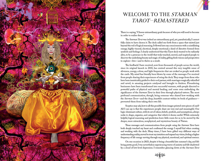 A woman in a golden crown and orange silk dress sits cross-legged on a vibrant cushion, holding a black staff and flower, set against a psychedelic pink-red background—evoking the visionary art of Schiffer Publishing’s Starman Tarot Remastered.