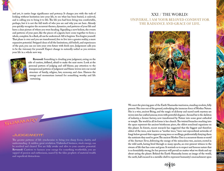 A vivid tarot guidebook page features The World card from the Starman Tarot Remastered by Schiffer Publishing, Ltd.—a central figure stands amid swirling cosmic lights, surrounded by animals, spiritual icons, and concise summary boxes.