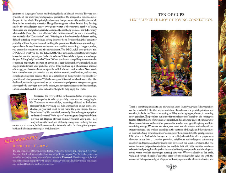 The Starman Tarot Remastered by Schiffer Publishing, Ltd. features a vivid Ten of Cups card with colorful figures and a rainbow, plus insightful meanings, summaries, reversed interpretations, and mystical motifs throughout the page.