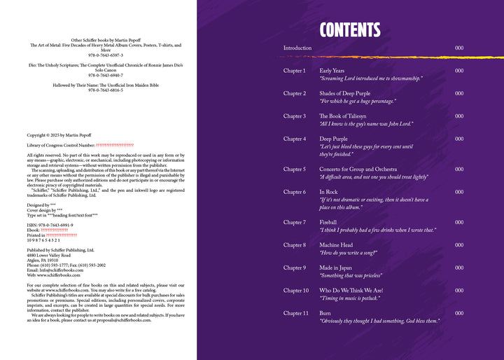 A two-page book spread from "Seven Decades of Deep Purple" by Schiffer Publishing, Ltd.: the left page has copyright info in black on white; the right, inspired by Deep Purple’s legacy, features a purple background with “CONTENTS” and 11 chapter titles.