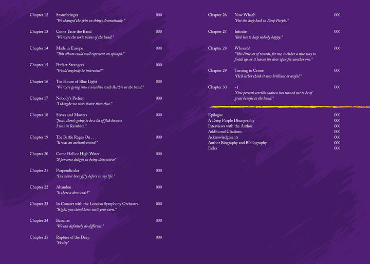 A purple page from "Seven Decades of Deep Purple" by Schiffer Publishing, Ltd. features a table of contents listing chapters 1–30 with summaries and page numbers; a yellow horizontal streak appears near the bottom right corner.