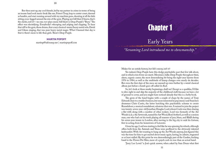 A spread from "Seven Decades of Deep Purple" by Schiffer Publishing, Ltd. shows a section-ending quote on the left and Chapter 1: Early Years with a purple header and text on the right—ideal for any rock history enthusiast.