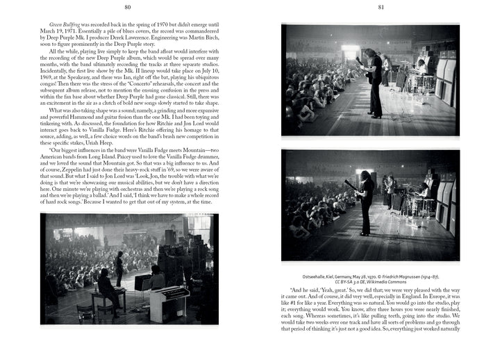 A two-page spread in Seven Decades of Deep Purple by Schiffer Publishing, Ltd. spotlights early career text and three black-and-white photos of the band performing before a large indoor crowd—a true rock history snapshot.