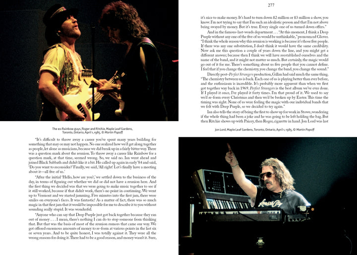 Two photos of musicians on stage appear: guitarists playing together at upper left, and a keyboardist with a raised hand at lower right. The rest of the page features text about Seven Decades of Deep Purple from Schiffer Publishing, Ltd.