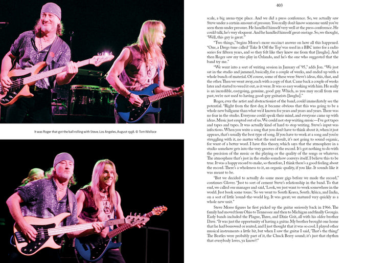 Two photos capture three smiling musicians onstage, channeling Deep Purple’s energy—two in front (one in a black hat), drummer behind—bathed in vibrant lights. From "Seven Decades of Deep Purple" by Schiffer Publishing, Ltd.