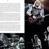 A page from Seven Decades of Deep Purple by Schiffer Publishing, Ltd. displays text on the left and three photos on the right, capturing Deep Purple’s guitarist, bassist, drummer, and vocalist performing live under stage lights.