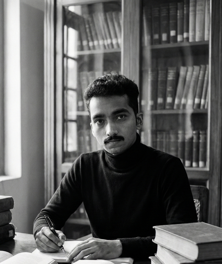 A man in a dark turtleneck sits at a desk, writing about unexplained mysteries with Morbid Kuriosity’s by Schiffer Publishing, Ltd., surrounded by stacks of books and a filled bookshelf, all in a black and white atmosphere.