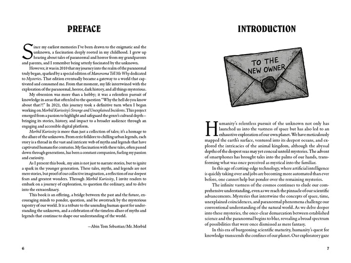 Morbid Kuriosity's by Schiffer Publishing, Ltd. shows two book pages: the left has a preface with a short quote, and the right features an introduction and an envelope labeled "To the New Owner," hinting at true crime and mysteries ahead.