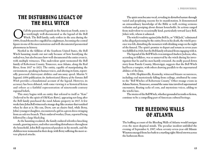 An open book from Morbid Kuriosity’s by Schiffer Publishing, Ltd. shows “The Disturbing Legacy of the Bell Witch” on the left page and “The Bleeding Walls of Atlanta” on the right, both delving into paranormal tales and mysteries.