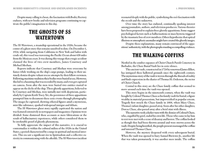 A two-page spread from Morbid Kuriosity’s (pages 20–21, Schiffer Publishing, Ltd.) examines paranormal incidents like THE GHOSTS OF SS WATERTOWN and THE WALKING COFFINS.