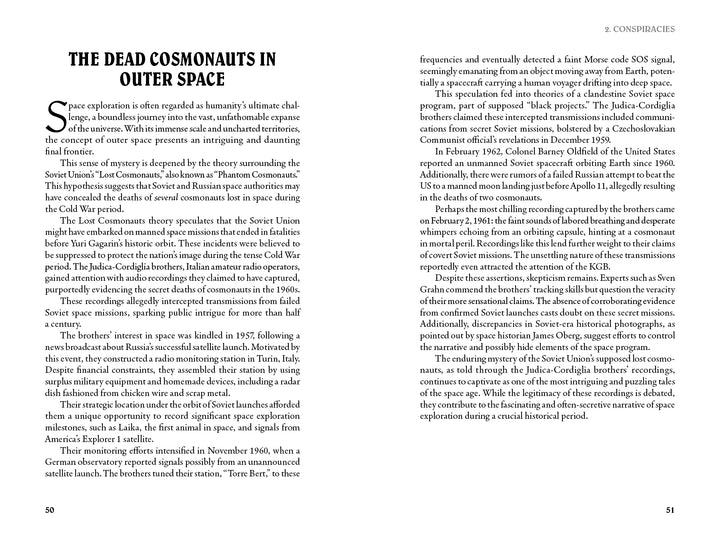 Two text-only pages from Morbid Kuriosity's by Schiffer Publishing, Ltd. explore the mysteries and conspiracy theories surrounding lost Soviet cosmonauts, diving into the true crime intrigue of vanished space pioneers.