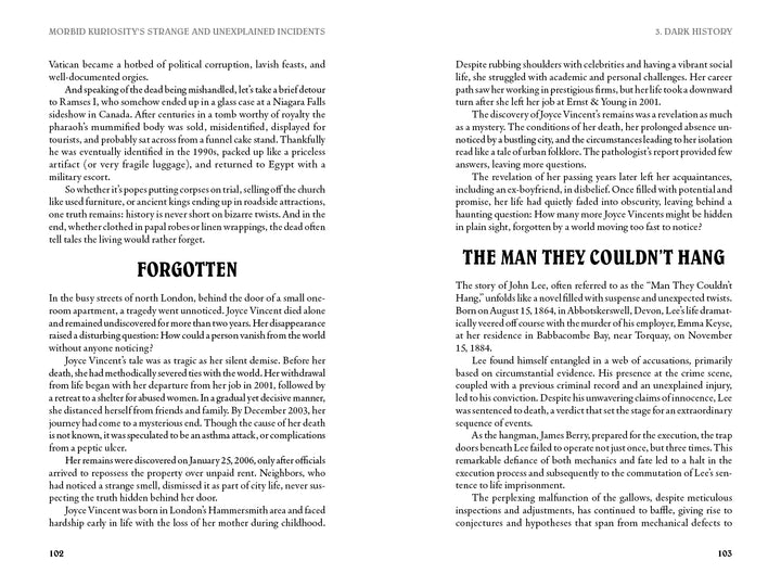 Two pages from Morbid Kuriosity's by Schiffer Publishing, Ltd.: "FORGOTTEN" covers a tragic true crime of suicide and lost ambition; "THE MAN THEY COULDN’T HANG" delves into the mysteries of a man's survival after a failed execution.