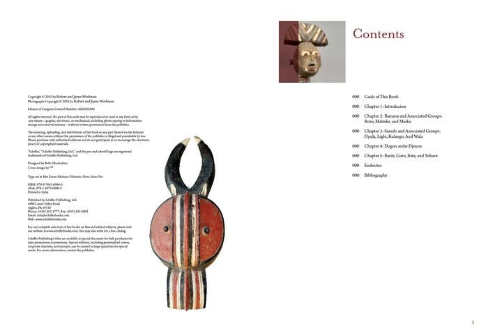 A two-page spread from "Reflections on African Art" (Schiffer Publishing, Ltd.): Left—copyright info and a rare African art mask with two horns. Right—contents list and a small photo of a Bamana Senufo Dogon Baule carved wooden head.