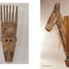 Reflections on African Art" by Schiffer Publishing, Ltd. features rare African masks, including one with comb-like protrusions and intricate carvings, and a carved horse head on a wooden base inspired by Bamana, Senufo, Dogon, and Baule tribes.