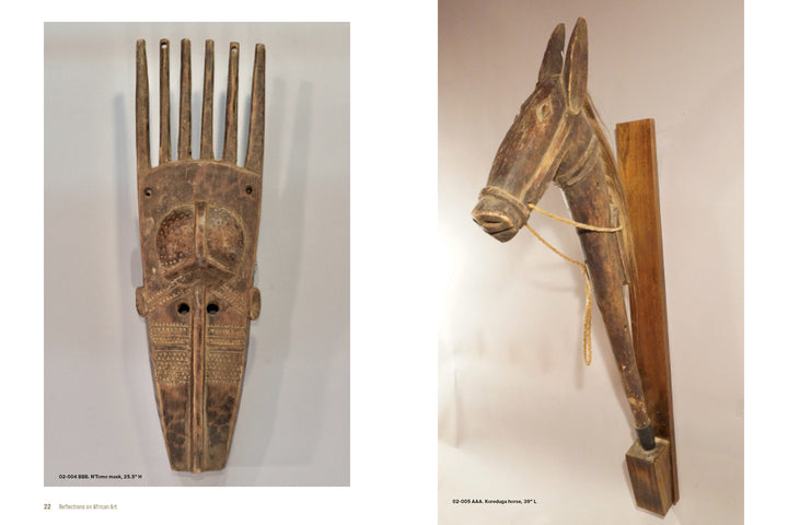 Reflections on African Art" by Schiffer Publishing, Ltd. features rare African masks, including one with comb-like protrusions and intricate carvings, and a carved horse head on a wooden base inspired by Bamana, Senufo, Dogon, and Baule tribes.