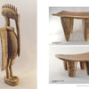Reflections on African Art" by Schiffer Publishing, Ltd. is displayed on the left, while two wooden stools with curved seats and conical legs stand to the right, all set against a light background.