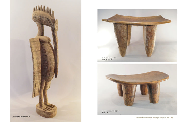 Reflections on African Art" by Schiffer Publishing, Ltd. is displayed on the left, while two wooden stools with curved seats and conical legs stand to the right, all set against a light background.