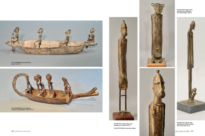 Five photos from "Reflections on African Art" by Schiffer Publishing, Ltd. show small bronze sculptures: two boats with human figures and three standing figures, featuring textures inspired by Bamana, Senufo, Dogon, and Baule tribes.